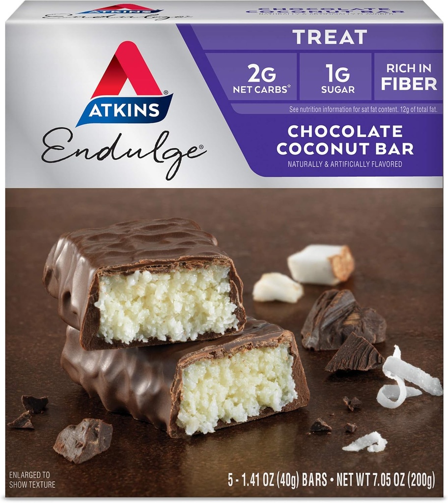 Atkins Endulge Chocolate Coconut Bar, Postre Favorito, Alto en Fiber, 1g Azúcar, 5 Cuenta