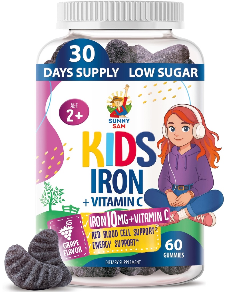 SUNNY SAM Iron Gummies for Kids &amp; Teens - 10mg Iron Vitaminas con Vitamina C - Bajo Azúcar Chewable Gummy Suplemento para Immune Support, Supports Red Blood Cell Production for Children &amp; Teen Girls