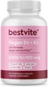 BESTVITE Vegan Vitamina D3 5000 UI + Vitamina K2 100 mcg como MK-7 (120 cápsulas vegetarianas) - No Stearates - Vegan - No GMO - Gluten Gratis