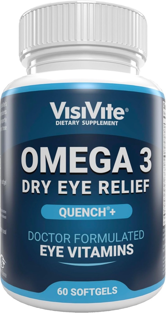 Omega 3 suplementos de ojos secos con EPA y DHA - VisiVite Dry Eye Relief Quench+ Vitaminas de ojos para ojos secos con Omega 3 Suplemento - Vitaminas de ojos secos Hecho con Omega 3 Aceite de pescado - 60 Softgels.