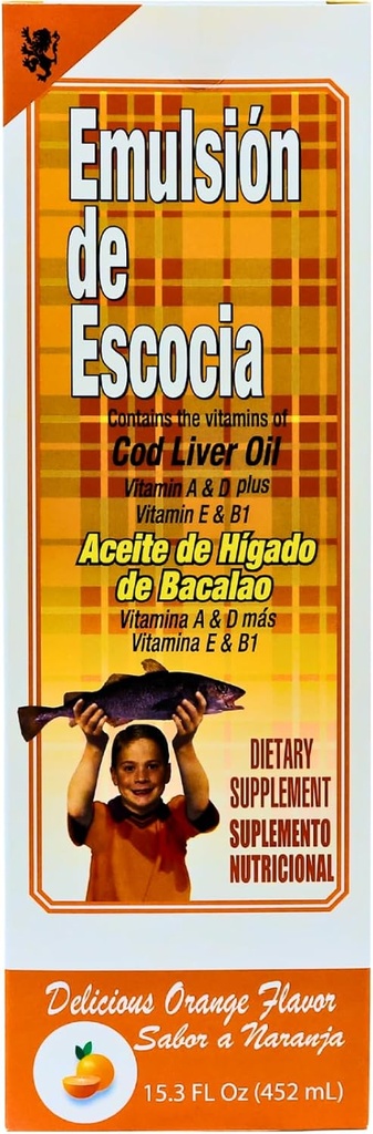 EMULSION DE ESCOCIA Cod Liver Oil, Dietary Supplement, Vitamins A, B1, D and E, Immune System Support, Orange Flavor (15.3 Fl Oz/Pack of 1)