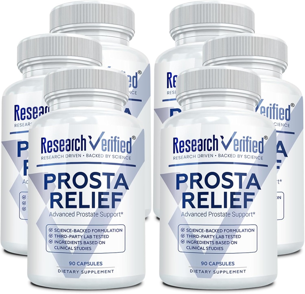 Research Verified Prosta Relief - Saw Palmetto and Bioperine - Prostate Health, Bladder & Urinary Health, Drive and Performance - Pure Natural, 90 Capsules (Pack of 6)
