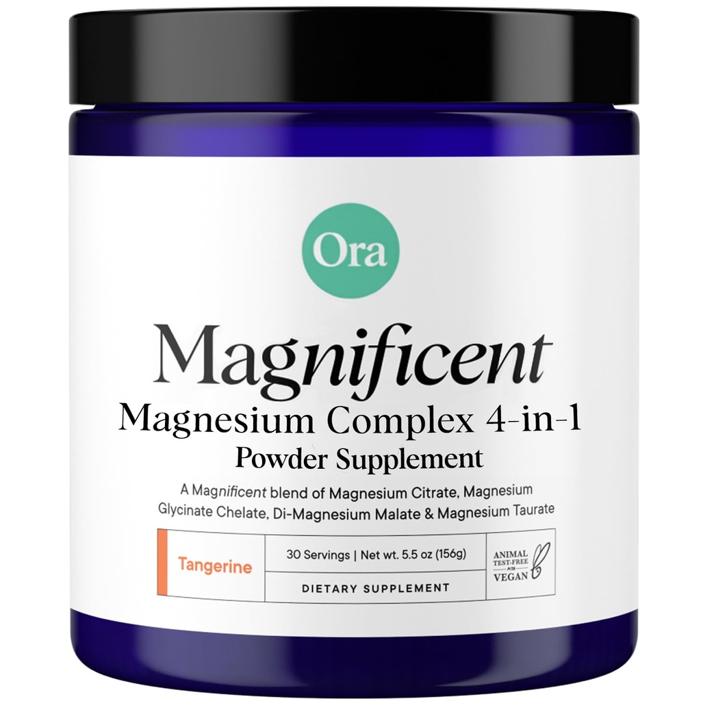 Ora Organic Magnesium Complex Powder Supplement - 4-in-1 Magnesium: Glycinate, Taurate, Malate & Citrate | Vegan, Gluten-Free | Tangerine Flavor | Calm Support for Sleep, Stress & Muscles | 30 Serving