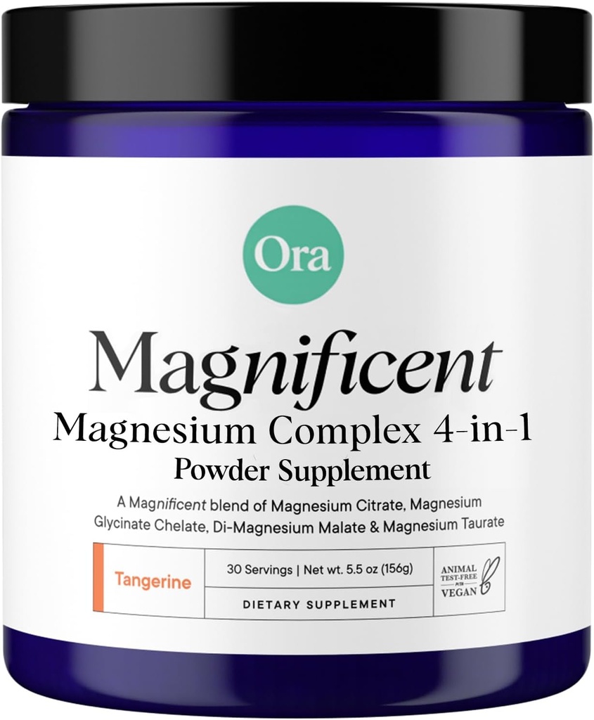Ora Organic Magnesium Complex Powder Supplement - 4-in-1 Magnesium: Glycinate, Taurate, Malate & Citrate TEN Vegan, Gluten-Free ← Tangerine Flavor Silencioso Soporte para el sueño, estrés y músculos