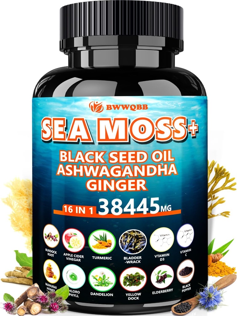 Sea Moss 350mg Black Seed Oil 200mg Ashwagandha 100mg Turmeric 100mg Bladderwrack 100mg Burdock 100mg,All-in-1 Sea Mos Capsules-60 Conde