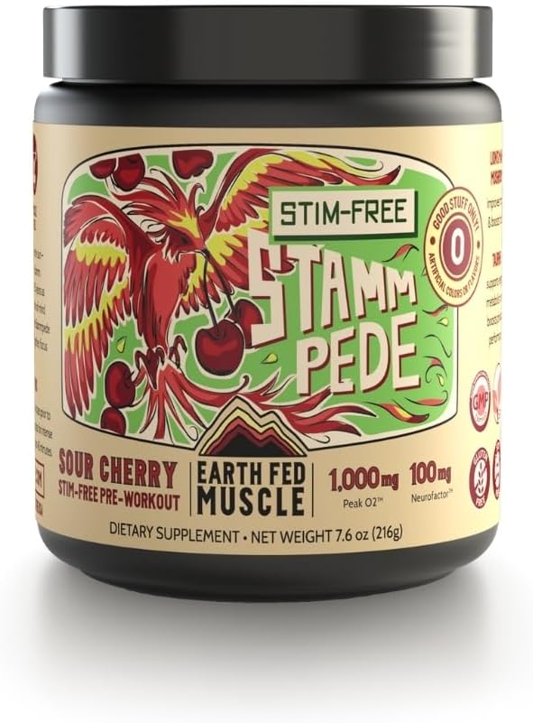 Fed Muscle Stammpede Sour Cherry Pre Workout Powder para Hombres, Pre Workout No Caffeine, Vegan & Gluten Gratis, Boosts Focus & Endurance, Lion's Mane, Taurine, Peak O2, 30 Servings