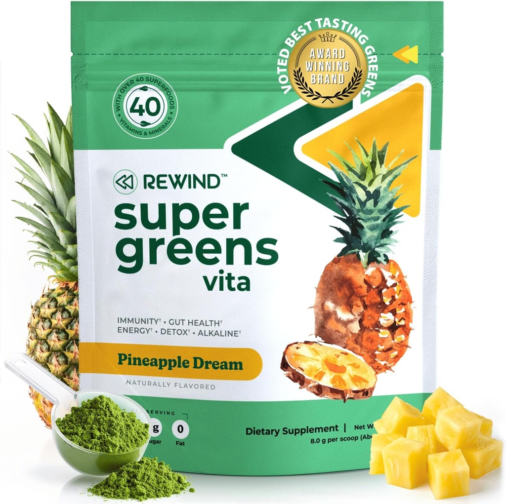 Mejor mezcla de Super Verdes Polvo con 40+ Superalimentos – Delicious Daily Green Powder con vitamina B12, zinc, vitamina C, magnesio y calcio – Green Juice Superfood Mix - Pineapple Flavor