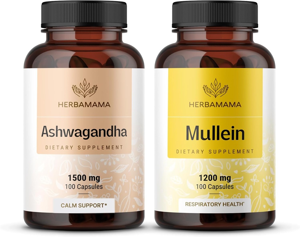 HerBAMAMA Ashwagandha y Mullein Kit - Agrupo de 1500 mg Ashwagandha Root & 1200 mg Mullein Leaf Capsules 100 Caps - Vegan, No GMO, Azúcar &amp; Sin alcohol - 2 Pack