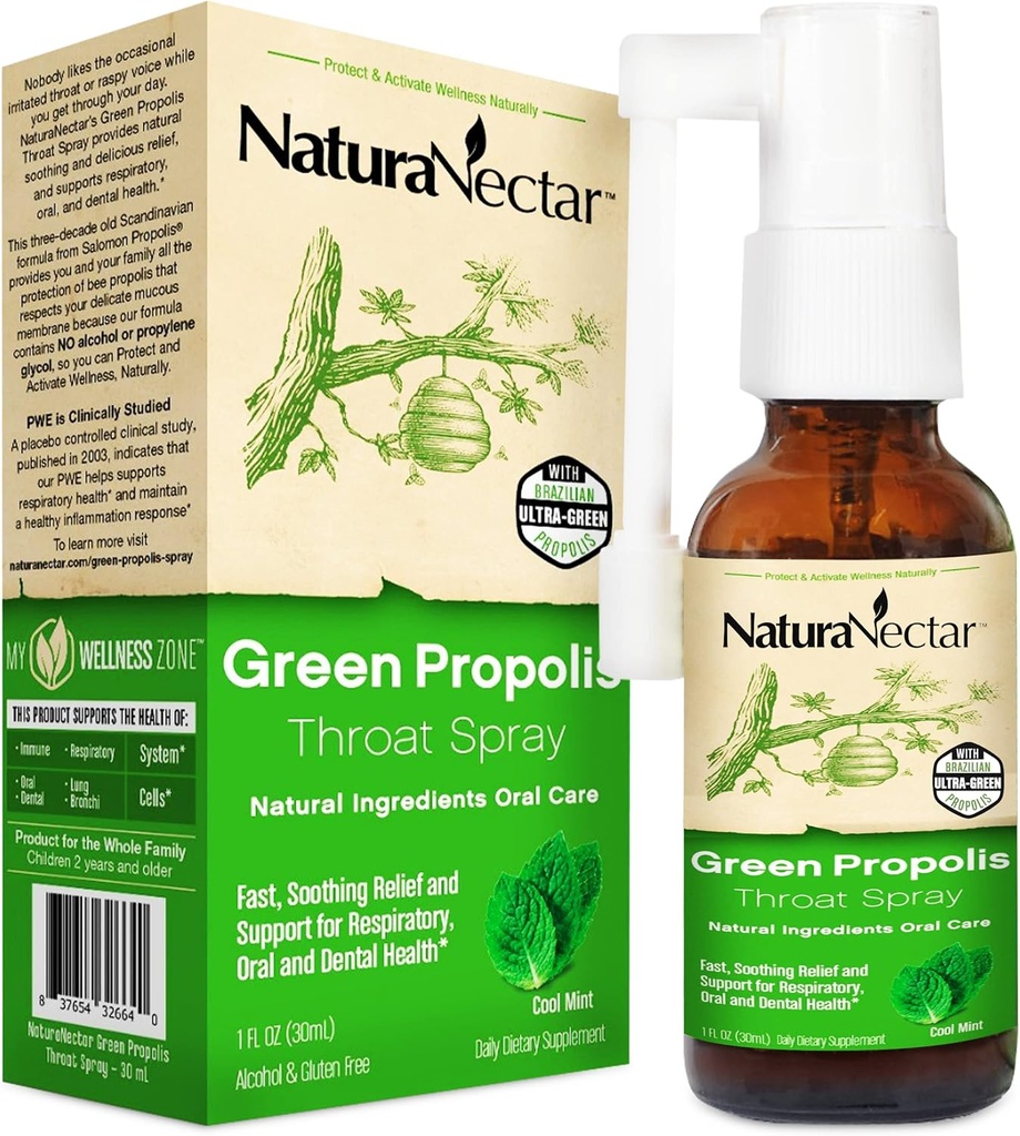 NaturaNectar - Green Propolis Throat Spray - Único, calmante Throat Care Relief with Brazilian Bee Propolis - Natural and Non-Alcoholic Throat Care Formula from Sustainable Beekeeping (1-Pack, 30mL)