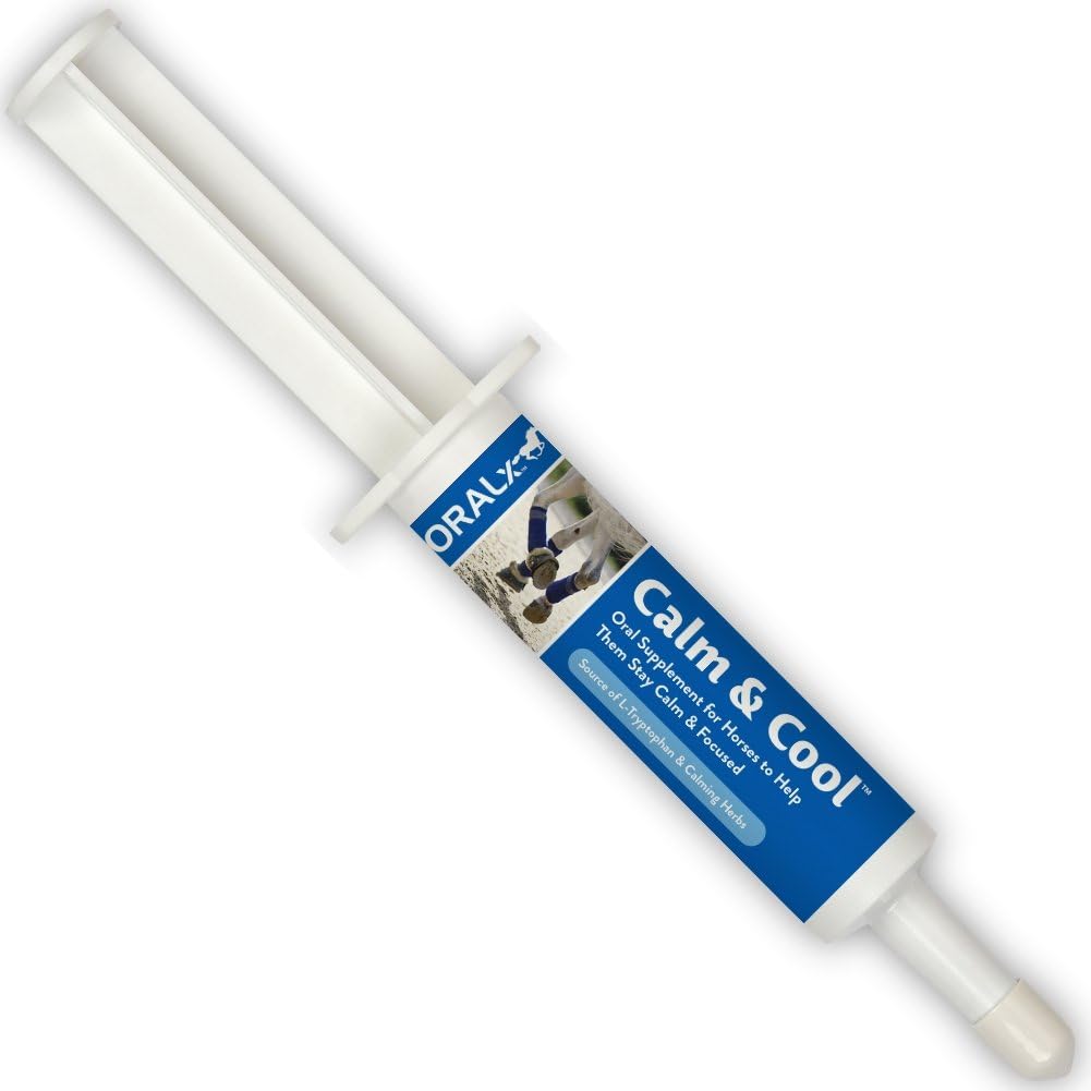 Oralx Calm y Cool para Caballos. Paste calmante Formulado con L-Tryptophan & Herbal Extractos. Ayuda a mantener la calma, la compostura focalizada durante eventos y transporte. Sencilla jeringa. Made in USA