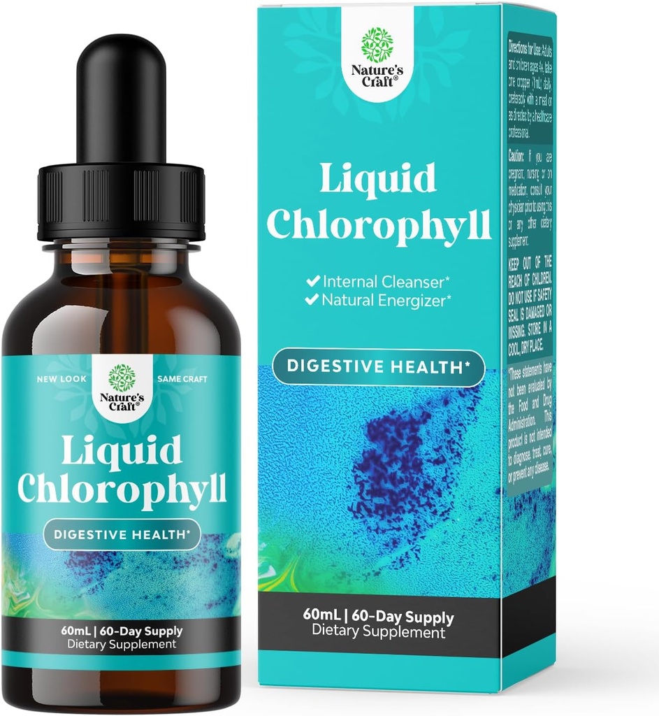 Gotas de clorofila líquida vegana - gotas de líquido cromofiladas súper concentradas - Soporte digestivo interno Salud inmune y soporte desintoxicación corporal completo y limpieza (60 piezas)