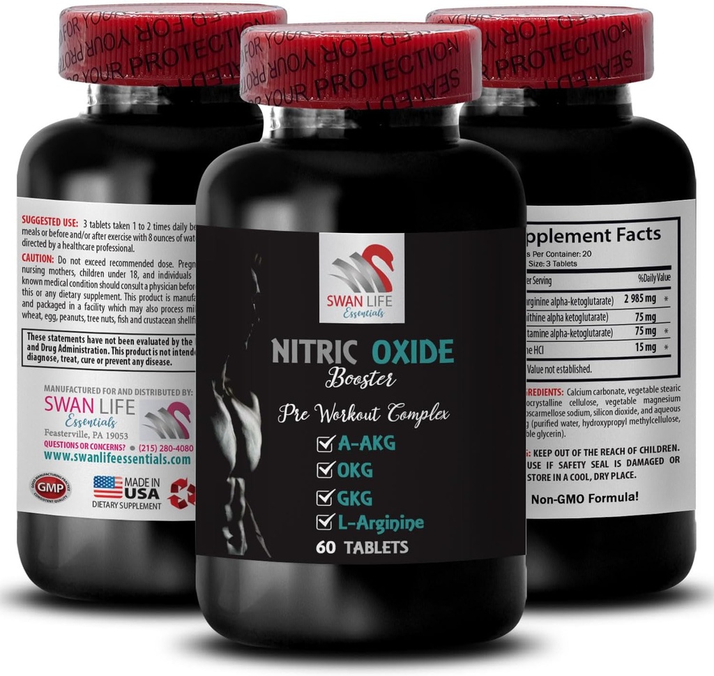 A-AKG, Nitric Oxide - Nitric Oxide Booster - Suplemento de ejercicio, Power Boost, Strength Enhancer, Endurance Mix, Aumento de resistencia, Booster de rendimiento, Fórmula de recuperación, Muscle Focus 1 Bottle 60 Tabs