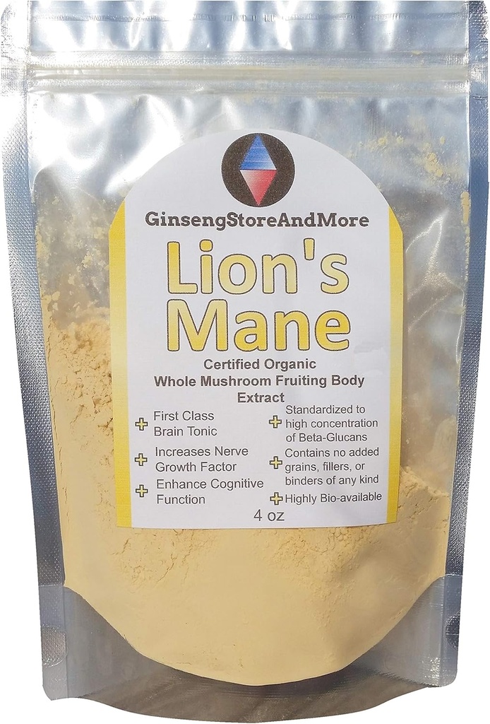 4oz Mushroom de león orgánico extraído de auténticos cuerpos de frutas de hongos de Nammex  335% Beta-Glucans ANTE Hericium erinaceus ← β-Glucan Energy, Mental Health, Immune System, Nerve Growth Facor