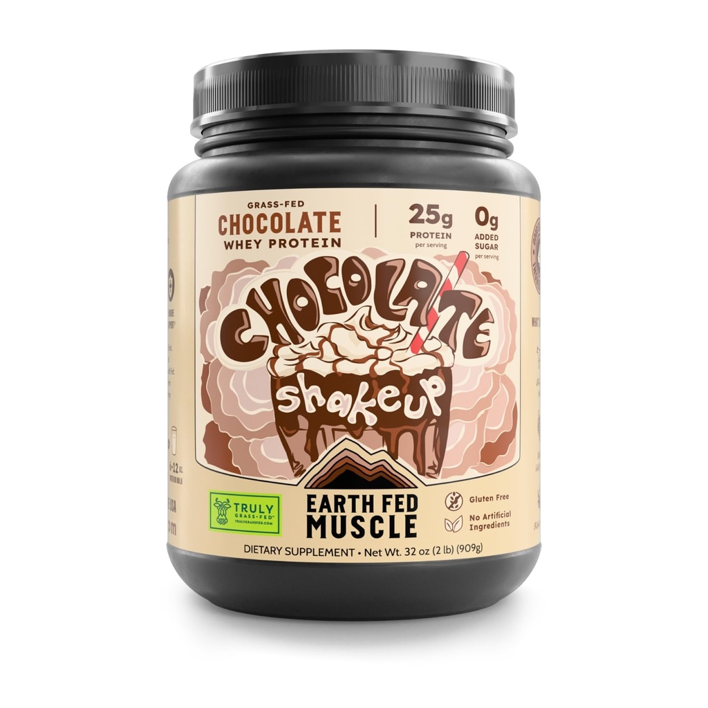 Earth Fed Muscle Chocolate Shakeup Irish Grass Fed Whey Protein Isolate, Third-Party Certified. 25g Protein, Chocolate - Non-GMO, Hormone Free, Soy Free, Gluten Free - 2 LB, 29 Servings