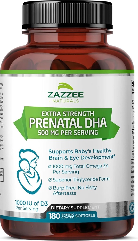 Zazzee Extra Strength Prenatal DHA 500 mg, 180 Enteric Coated Softgels, 1000 mg Omega 3’s, 1000 UI Vitamin D3, Burp Gratis, No Fishy Aftertaste, Superior Triglyceride Form, Purified Deep Sea Fish Oil