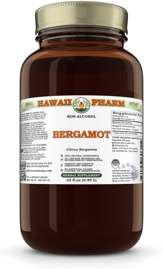Bérgamot (Citrus Bergamia) Peel seco Glycerite, Hecho en Hawai, Todo Natural, Vegan, Lab Tested Alcohol-Free Liquid Extract - 32 fl.oz