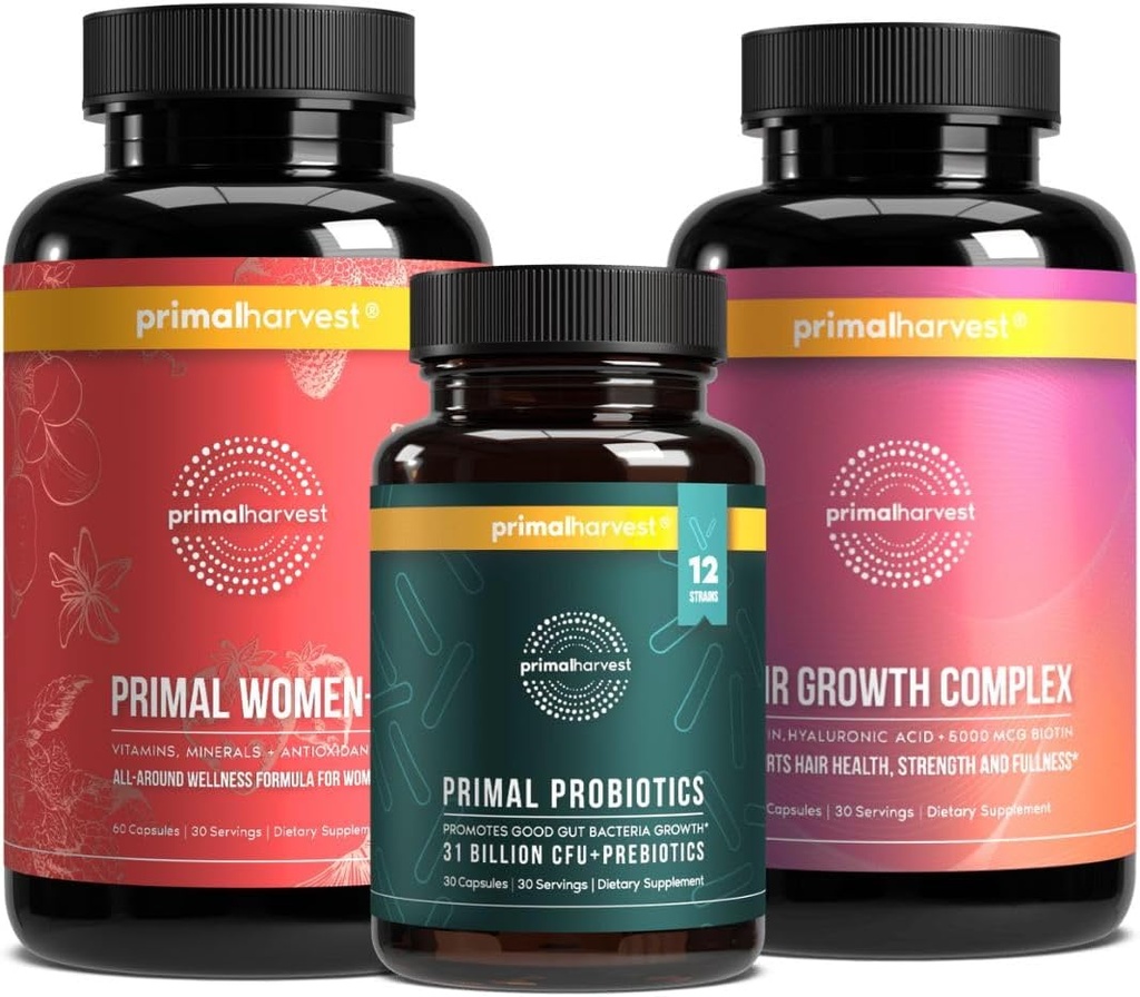 Primal Harvest Women’s Bundle – 30 Day Supply: Women’s+ Multivitamina, Primal Hair Support y Primal Probiótico para la Salud y la Vitalidad de las Mujeres