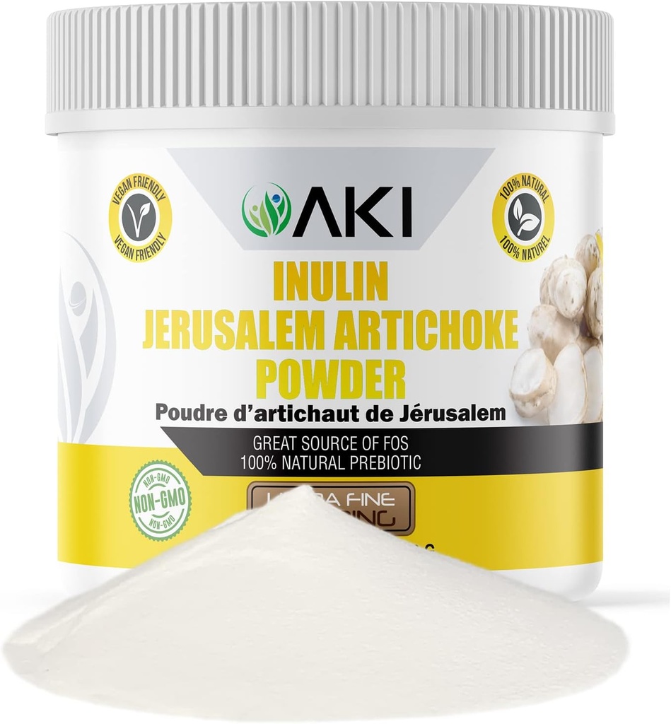 AKI Inulin Jerusalem Artichoke Powder (6oz/170g) Bien en fibra " Prebiótico, Ideal para café, Smoothies, Jugo " Otras comidas - Vegan, Sin gluten (Pack de 1)