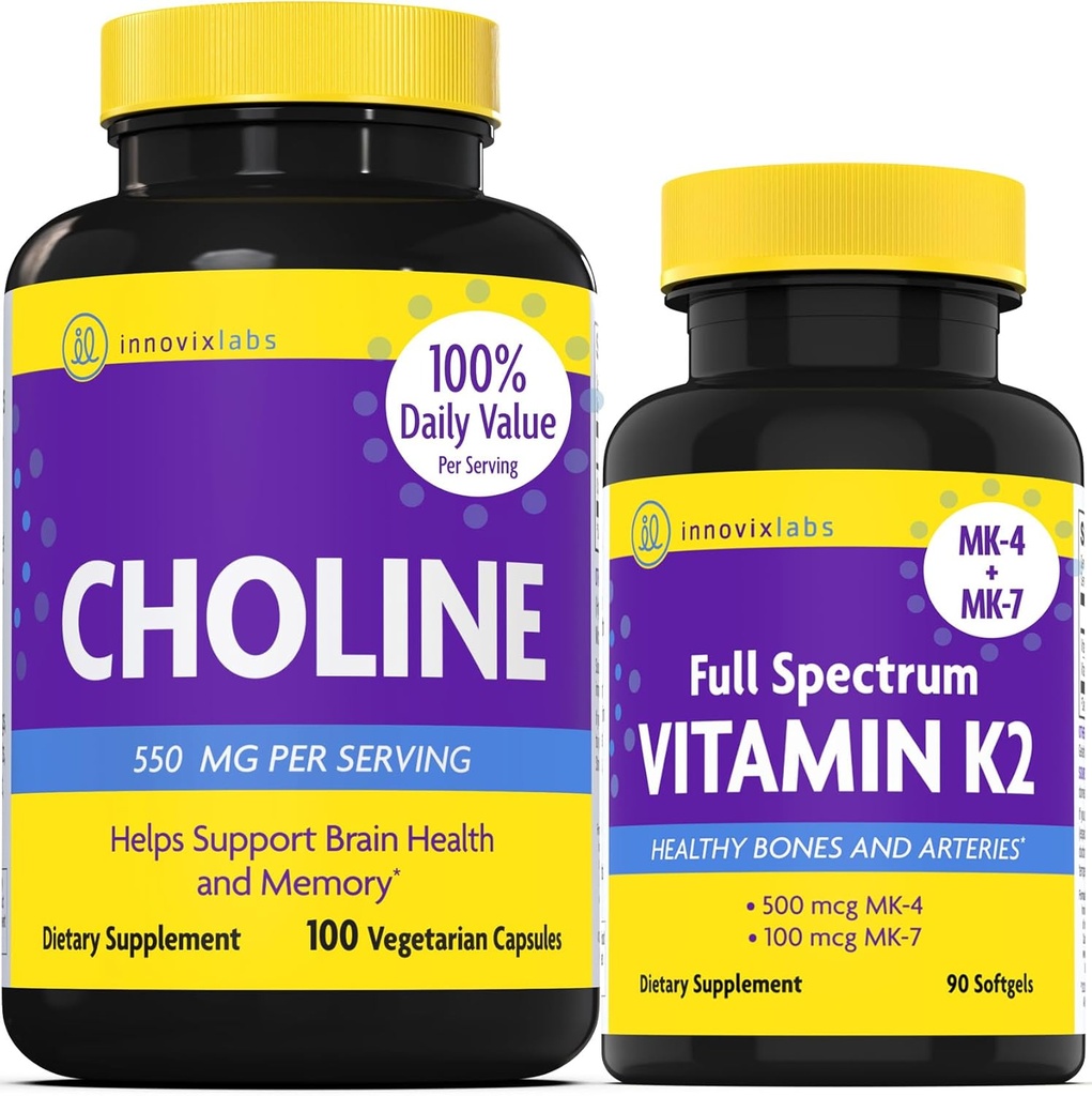 InnovixLabs Choline & Vitamina K2 Bundle Choline Bitartrate 550mg (100 cápsulas) Full Spectrum Vitamin K2 (90 Softgels). Soporta Memoria, Mood, Brain Health " Boost Cognitive.*
