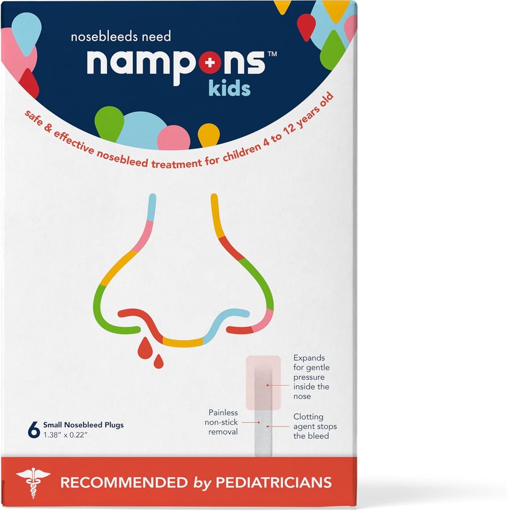 Nampons Kids Nosebleed Stoppers - 6 Easy to Use Nose Bleed Stopper Plugs Kit para niños. Confía en Pediatras. Agente de cierre hipoalergénico detiene los sangrientos rápido en contacto. Seguro y sin dolor