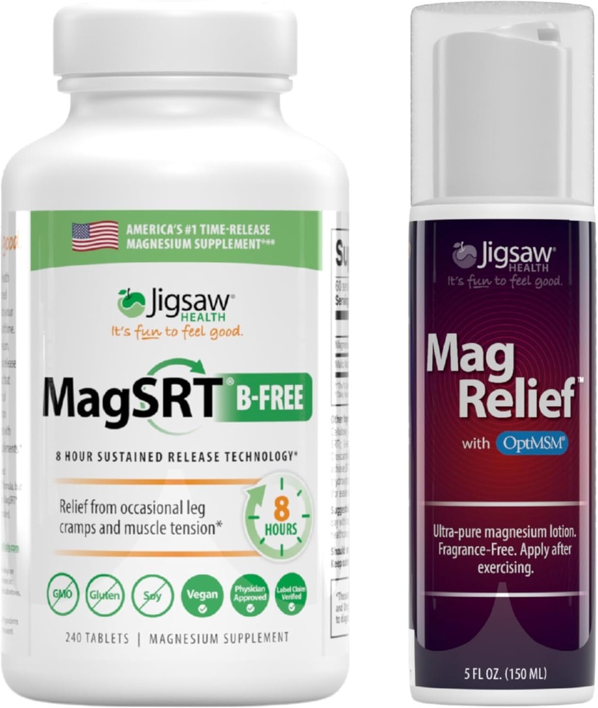 Jigsaw Health B-Free Magnesium Bundle ← MagSRT (B-Free), 240 Tabletas y MagRelief, 5 onzas (Lotion)