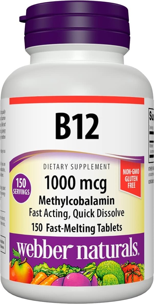 Webber Naturals Vitamina B12 1000 mcg, 150 Conde, Tablas de Dissolver Rápido, Suplemento de Vitamina Apoyo para el Metabolismo Energético, Inmune y Salud del Corazón, Fórmula Vegetariana, 150 Day Supply