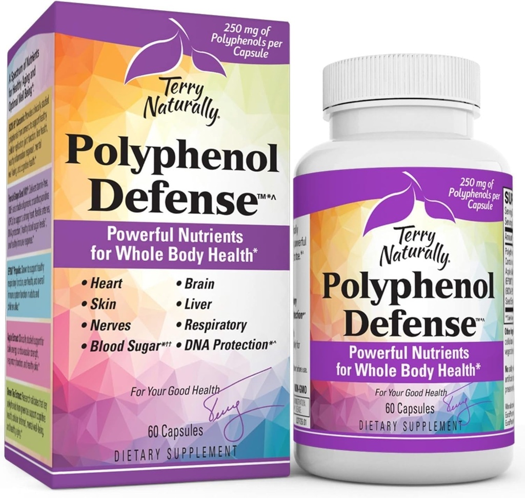 Terry Naturally Polyphenol Defense - Suplemento para apoyar el cerebro, el hígado " Nerve Health - Antioxidant Polyphenol Blend to Support Respiratory " Skin Health - Whole Body Health Support - 60 cápsulas
