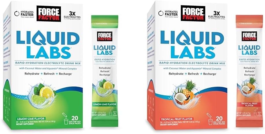 Bundle of FORCE FACTOR Liquid Labs Electrolytes Powder, Hydration Packets to Make Electrolyte Water with Vitamins, Minerals, and Antioxidants. Sabor de limón y limón + sabor de frutas tropicales, 40 paquetes de palo