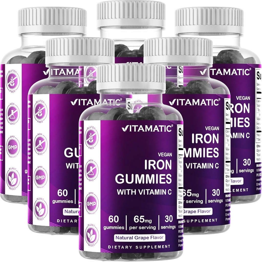 Vitamatic Iron 65 mg Gummies Supplement for Women & Men - 60 Vegan Gummies - Great Tasting Iron Gummy Vitamins with Vitamin C (6)