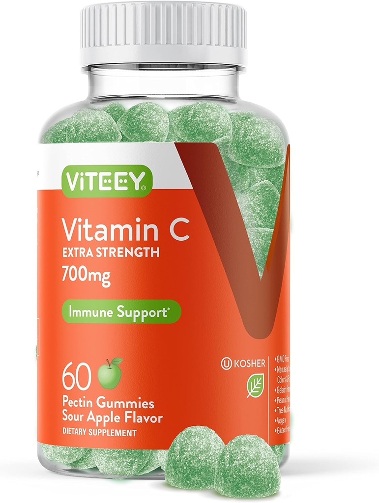 Viteey Chewable Vitamina C Gummies for Adults - 700mg Extra Strength Immune Support Suplemento - Vegan, Gluten Gratis - 60 Cuenta