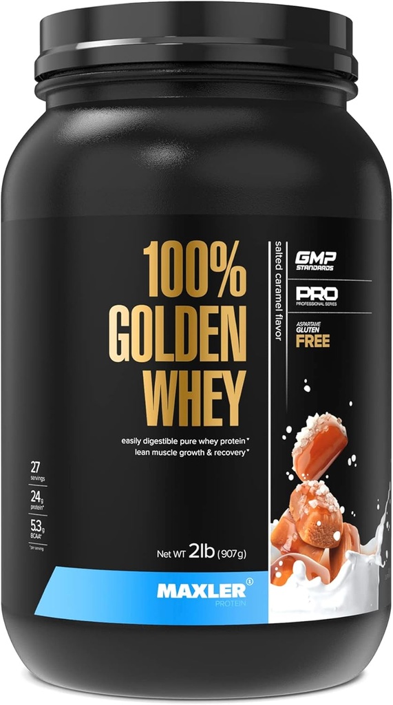 Maxler 100% Golden Whey Protein - 24g de Proteína por Servir - Premium Whey Protein Powder para Pre Post Workout - Fast-Absorbing Whey Concentrate, Isolate & Hydrolysate Blend - Salted Caramel 2 lb