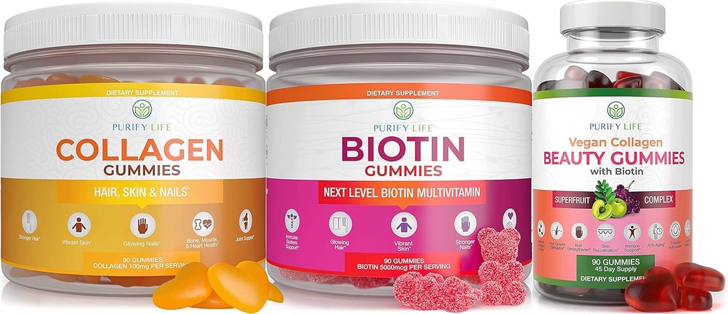 Purify Life Marine Collagen, Biotin, & Vegan Collagen Bundle, Gummies for Hair Skin and Nails (Bulk - 90 Chews), Joint Care Vitamina, Immune Support, Beauty, Detox &amp; Cleanse, Reemplace Capsules, Pills