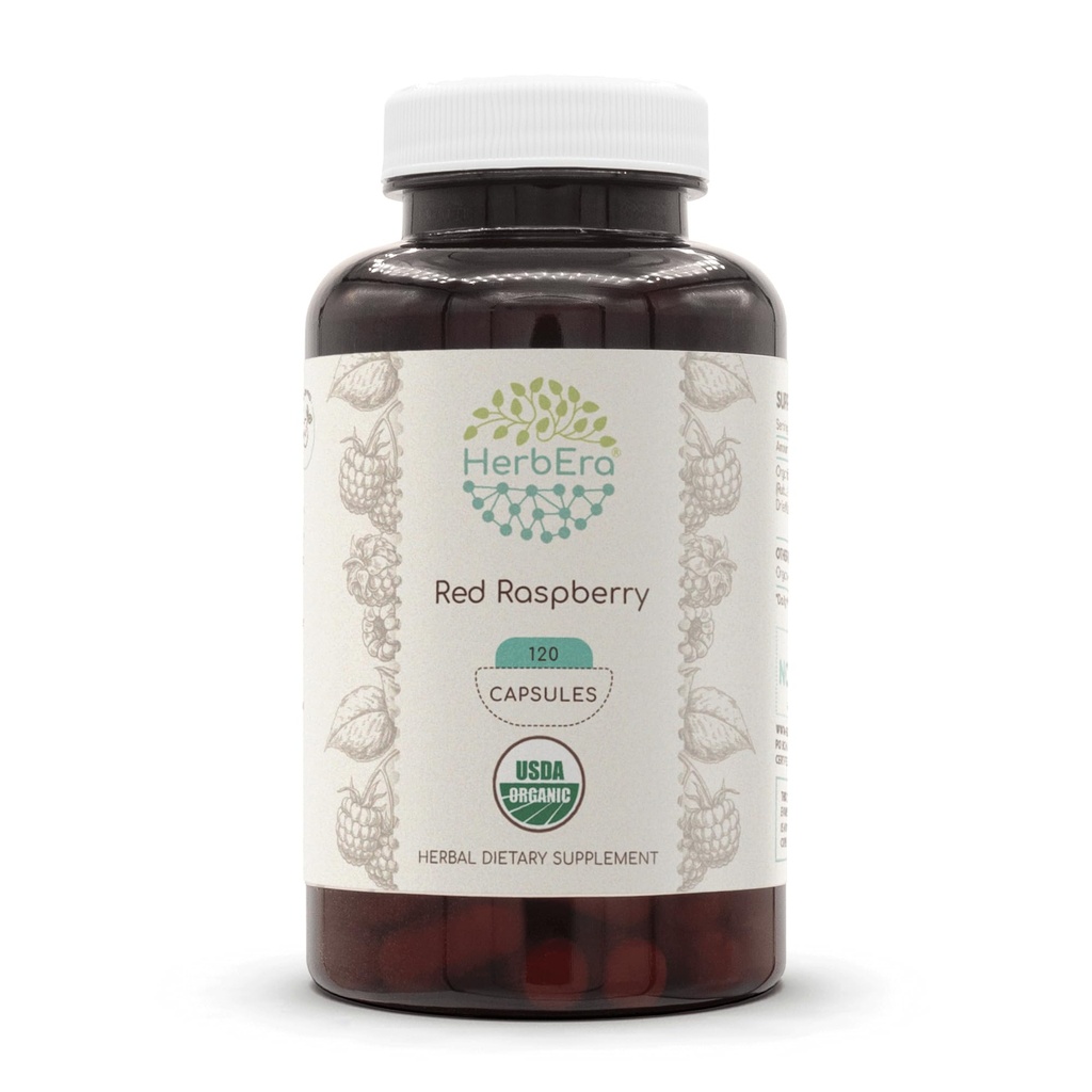 HerbEra Red Raspberry USDA Organic 120 Capsules ← Natural Herbal Suplemento Silencio Certified Organic Vegetarian Capsules and Organic Red Raspberry (Rubus idaeus) Leaf seco (120 cápsulas)
