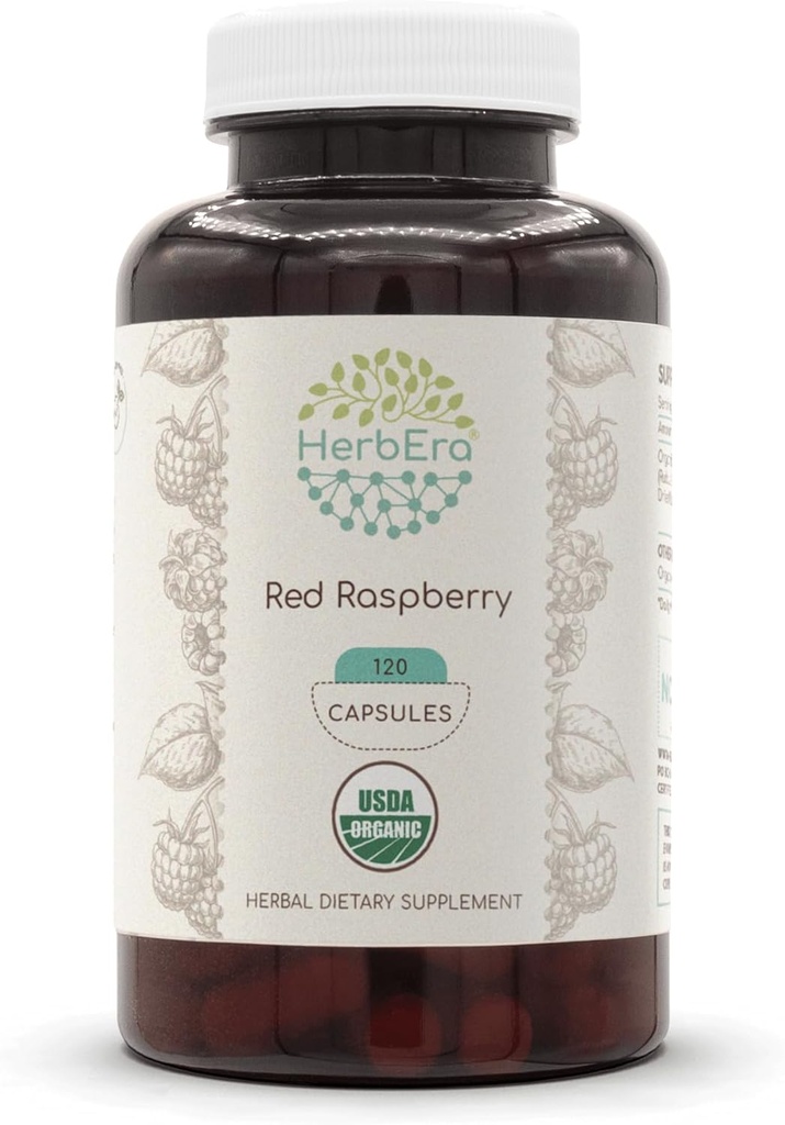HerbEra Red Raspberry USDA Organic 120 Capsules ← Natural Herbal Suplemento Silencio Certified Organic Vegetarian Capsules and Organic Red Raspberry (Rubus idaeus) Leaf seco (120 cápsulas)