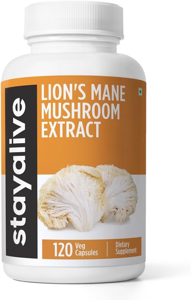STAY ALIVE Lions Mane Supplement Capsules 1000mg, 30:1 Extract w/Beta Glucans, 100% Fruiting Body, Pure Lions Mane Powder for Men and Women, 120 Pills, Non-GMO &amp; Gluten-Free Mushroom Supplement
