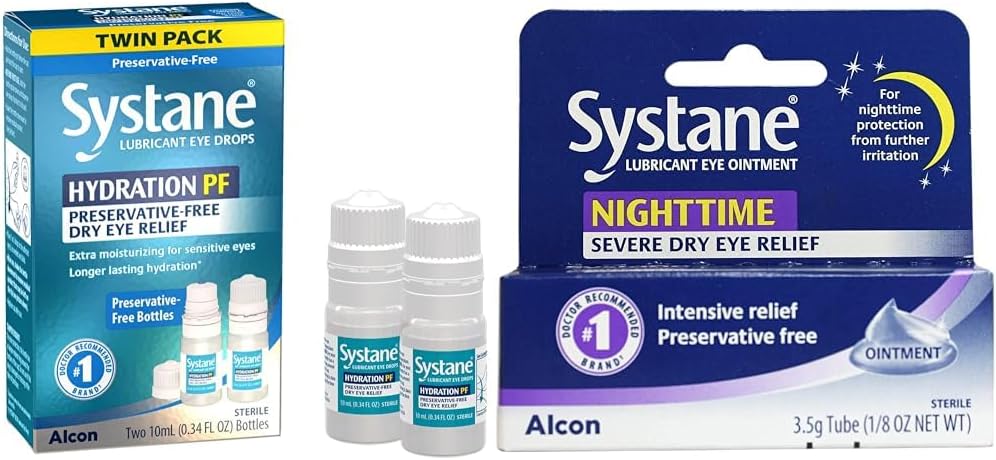 Systane Hydration Multi-Dose Las gotas de ojos libres de conservantes Dry Eye Relief Twin Pack (2x10ml) & Nighttime Lubricant Eye Ointment 3.5g Tube