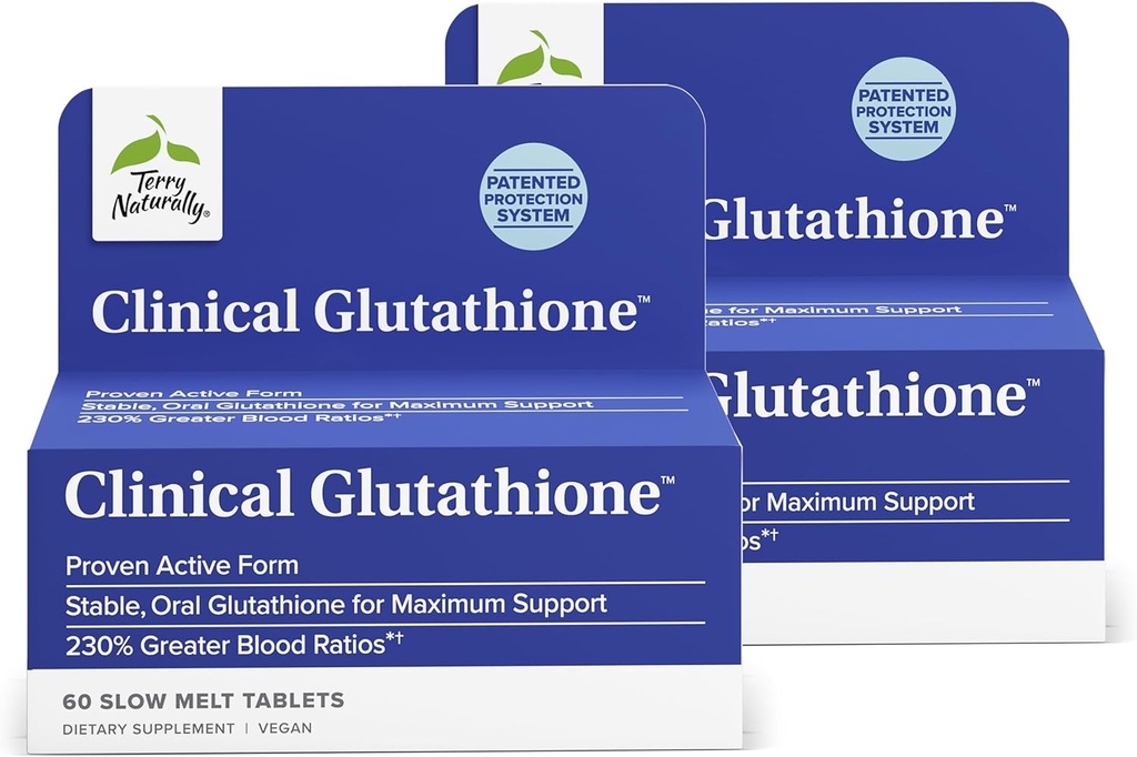 Terry Naturalmente Clínica Glutathione - Antioxidante para la absorción alta - Suplemento dietético con L-Glutathione - Suplemento vegano para la salud celular de apoyo - 60 tabletas de fusión lenta (Pack de 2)