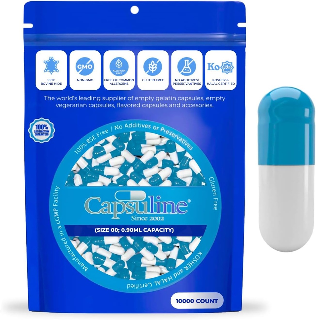 Capsuline Coloreado Tamaño 00 Empty Gelatin Capsules Azul / Blanco 10000 Cuenta ← Halal Certified ←Gluten Free