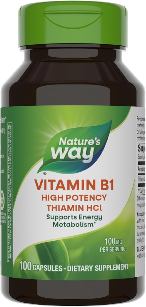 Vía natural Vitamina B1, alta potencia, 100 mg Thiamin por ser, Thiamin HCl, apoya el metabolismo energético*, Gluten Free, 100 cápsulas (paquete mayo Vary)