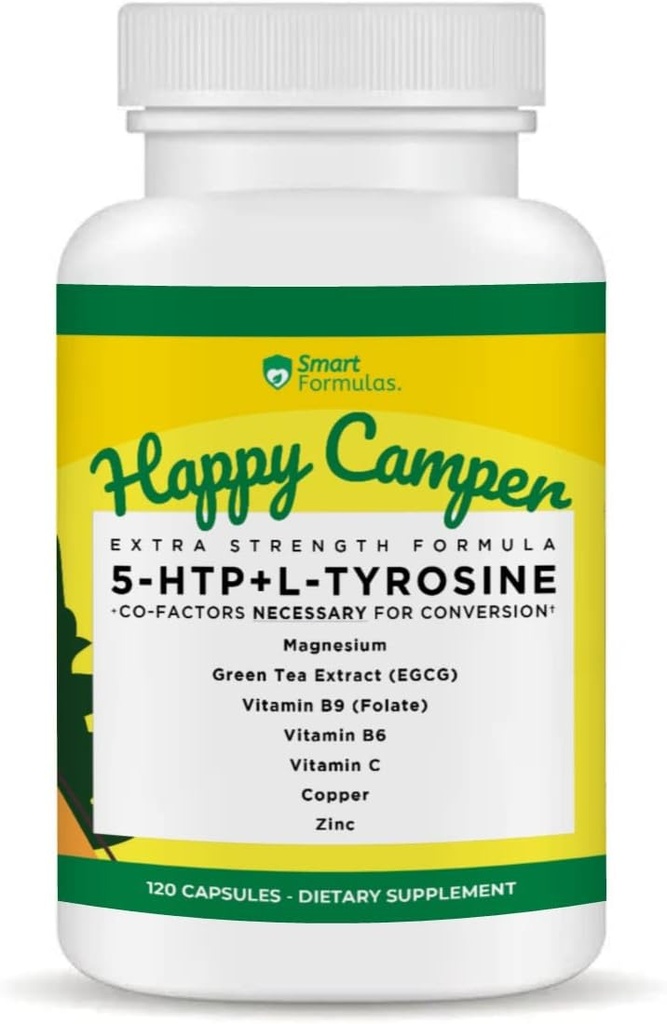 Be Happy, 120 cápsulas vegetarianas, Serotonina y Booster Dopamina con Co-Factores, 5-HTP, L-Tyrosina, Magnesio, Extracto de Té Verde, Cobre, Zinc, Vitamina C, Vitamina B9, Vitamina B6