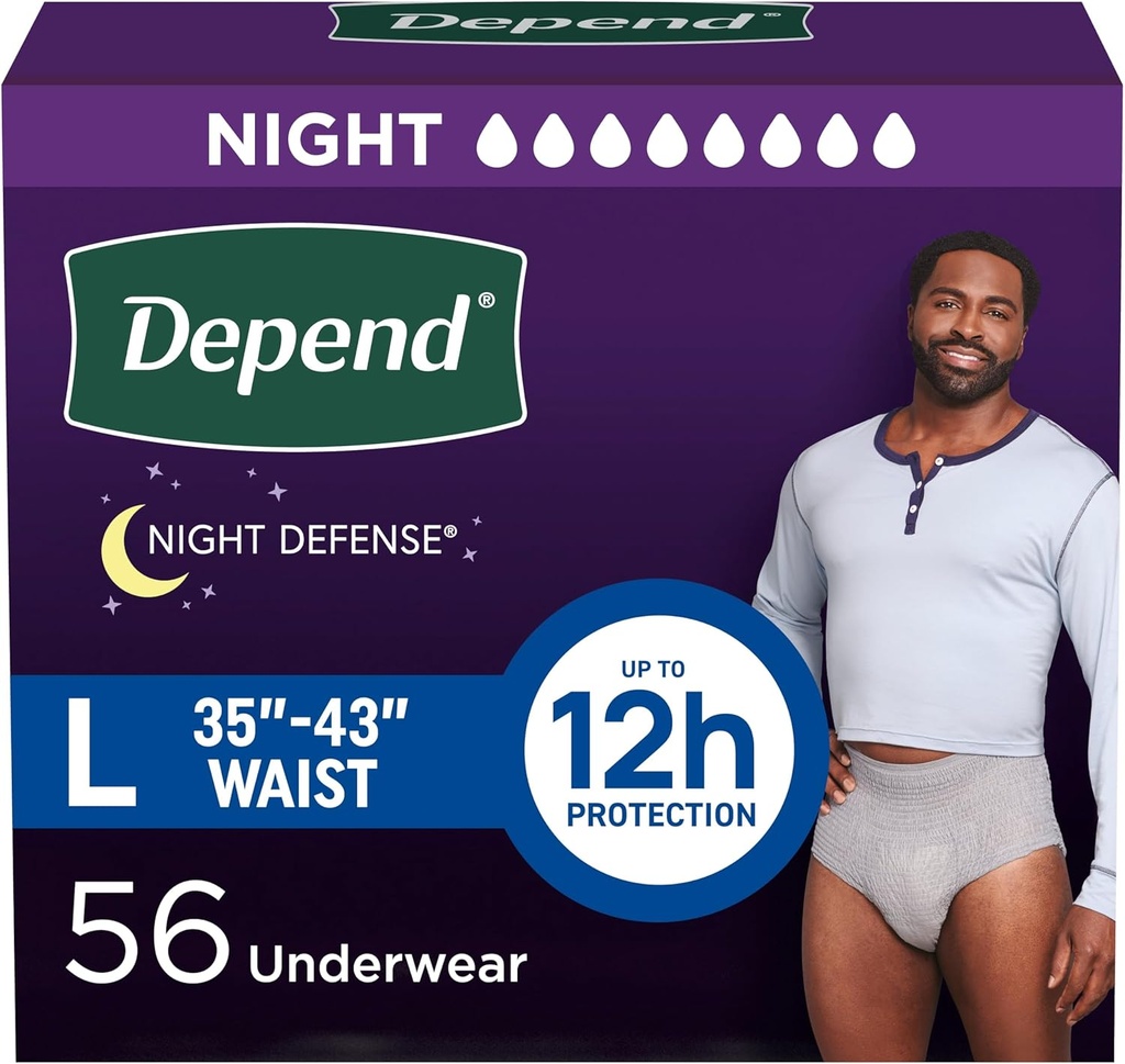 Dependido Night Defense Adult Diapers, Incontinencia Ropa interior para Hombres, Desechable, Alojamiento, Grande, Gris, 56 Cuenta (4 Packaging May Vary
