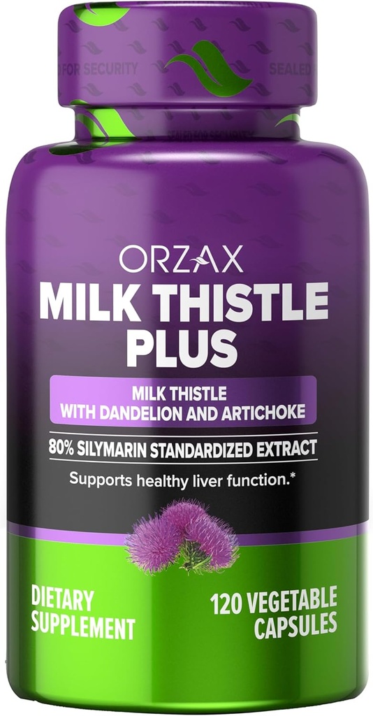 ORZAX Milk Thistle 250 mg - Soporte para la limpieza del hígado - Suplemento herbal - 80% Silymarin Estándarizado, Dandelion Root & Artichoke Extracto - Vegan " Non-GMO - 120 cápsulas - 120 Day Supply