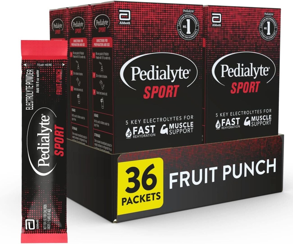 Pedialyte Sport Electrolyte Powder, Fast Hydration with 5 Key Electrolytes for Muscle Support Antes, Durante, & Después de Ejercicio, Fruit Punch, 0.49 Oz Sachets 6 Count (Pack of 6)
