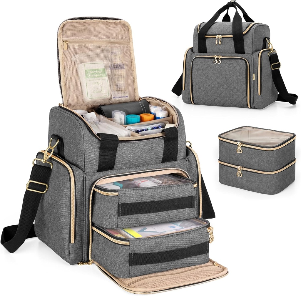 LUXJA Bolsa grande de medicina con 2 casos extraíbles, bolsa de almacenamiento de medicamentos con secciones de almacenamiento múltiple (apto para viajar o casa), Gray
