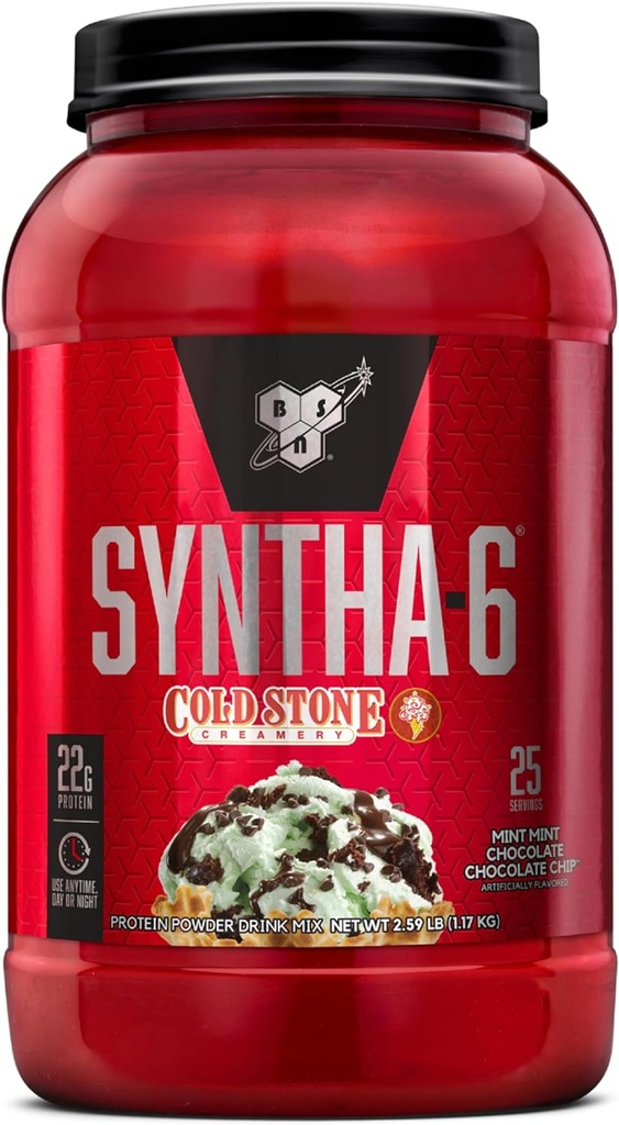 BSN Syntha-6 Whey Protein Powder, Cold Stone Creamery- Mint Mint Chocolate Chocolate Chip Flavor, Micellar Casein, Milk Protein Isolate Powder, 25 Servings