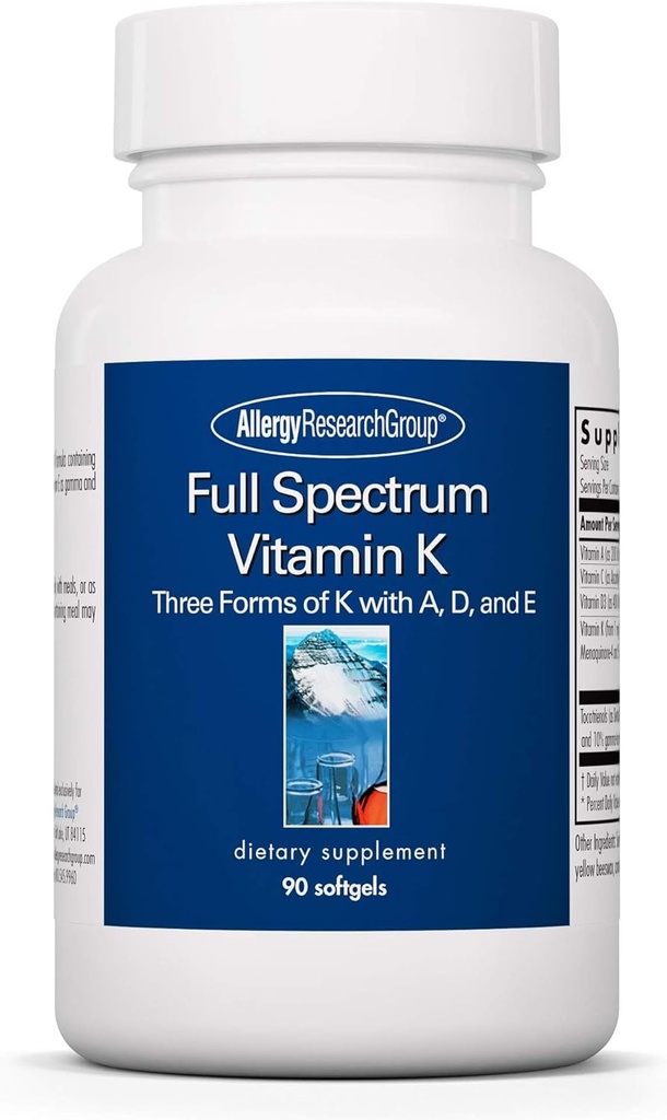 Allergy Research Group Full Spectrum Vitamin K - Vitamina K1 y K2 Suplemento, Complejo de vitamina K, MK-4, MK-7, Vitamina D3, Vitamina A - 90 Con
