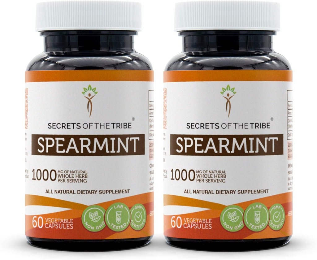 Secretos de la Tribu Spearmint Capsules 1000 mg Spearmint (Mentha spicata) Hoja seca, Suplemento de apoyo hormonal para mujeres (2x60 cápsulas)