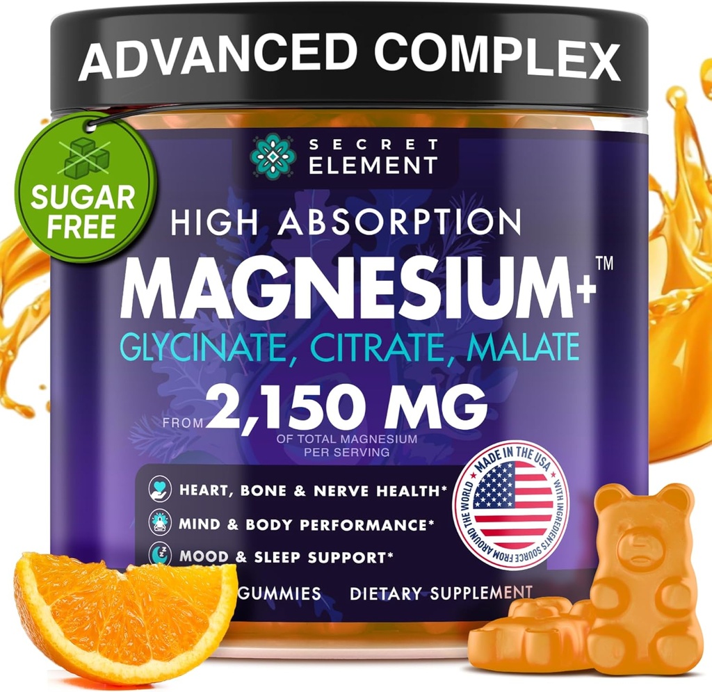 Magnesium Glycinate 2150MG Gummies for Women and Men, High Absorption Magnesium Glycinate, Citrate, Malate Gummies for Adults & Kids, Sleep Support, Sugar Free, Vegan, 60 Chews, Orange