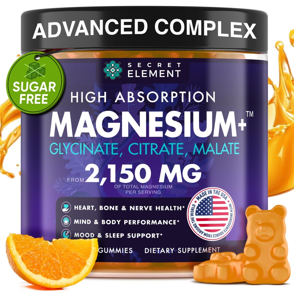 Magnesium Glycinate 2150MG Gummies for Women and Men, High Absorption Magnesium Glycinate, Citrate, Malate Gummies for Adults &amp; Kids, Sleep Support, Sugar Free, Vegan, 60 Chews, Orange
