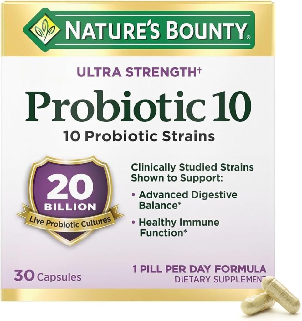 Suplemento Probiótico 10 diario Probiótico de la naturaleza para el apoyo digestivo, inmune y respiratorio superior, ultra fuerza, 30 cápsulas 1 paquete